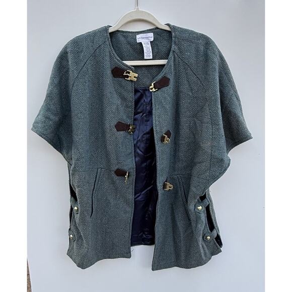 Soft Surroundings M Wool Blend Toggle Cape Jacket Teal Herringbone Short Sleeve - Picture 2 of 5